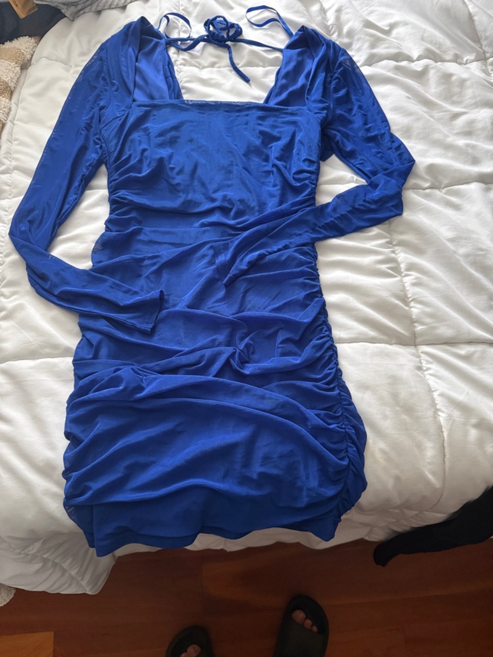 Blue Long-Sleeve Ruched Bodycon Dress